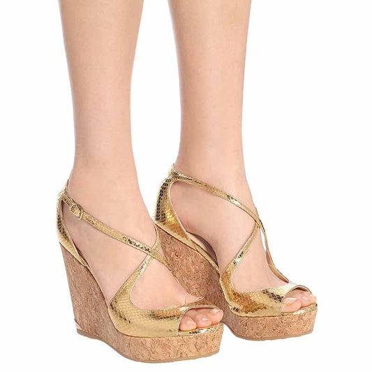 Gold Wedges for Women Peep-toe Buckle Wedge Sandals