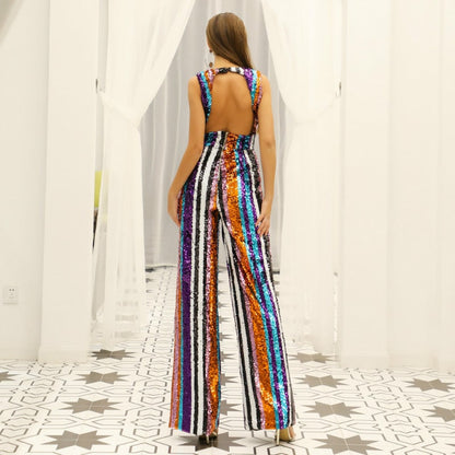 Back view of a colorful deep v sequin jumpsuit for women with a stylish striped design
