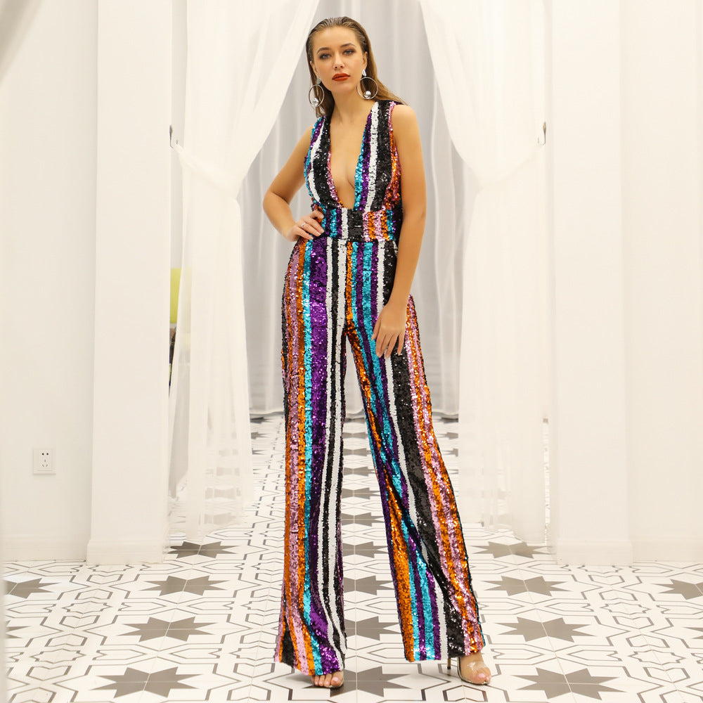 Stylish deep v sequin jumpsuit for women featuring colorful stripes and a flattering silhouette