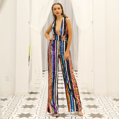 Stylish deep v sequin jumpsuit for women featuring colorful stripes and a flattering silhouette