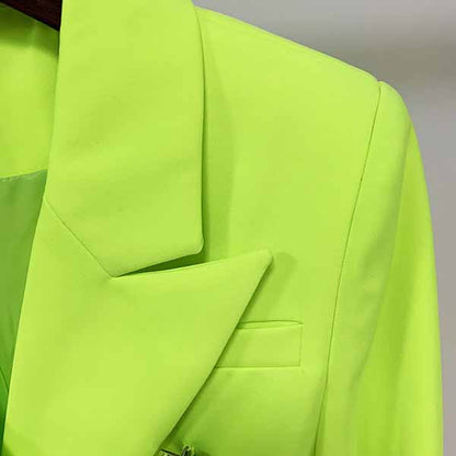Women's Fitted Silver Lion Buttons Fitted Jacket Blazer Neon Yellow