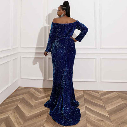 Women Plus Size Sequin Navy Blue Maxi Dress with Sleeves Evening Gowns