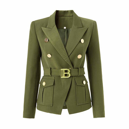 Women's Luxury Fitted Blazer Colorful Golden Lion Buttons Coat Belt Jacket