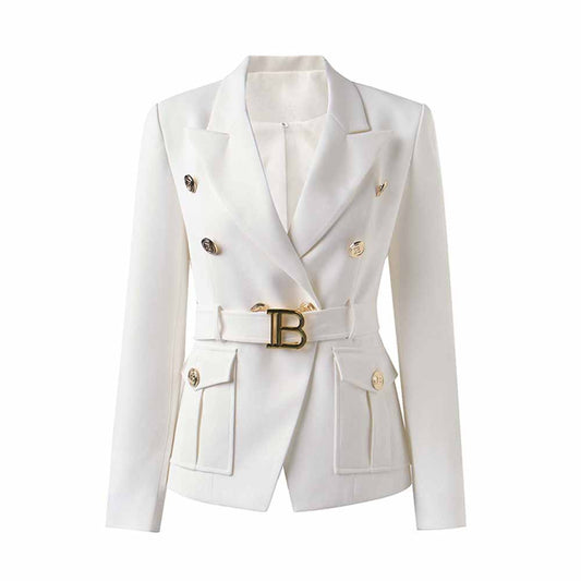Women's Luxury Fitted Blazer Colorful Golden Lion Buttons Coat Belt Jacket