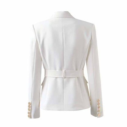 Women's Luxury Fitted Blazer Colorful Golden Lion Buttons Coat Belt Jacket