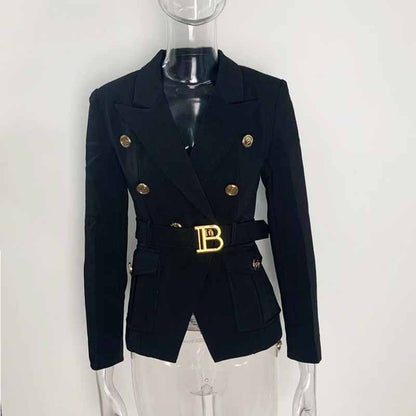 Women's Luxury Fitted Blazer Colorful Golden Lion Buttons Coat Belt Jacket
