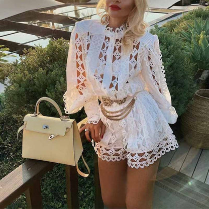 White Lace Summer One Piece Suit Summer Casual Jumpsuit Blouse Shirt Shorts Suit