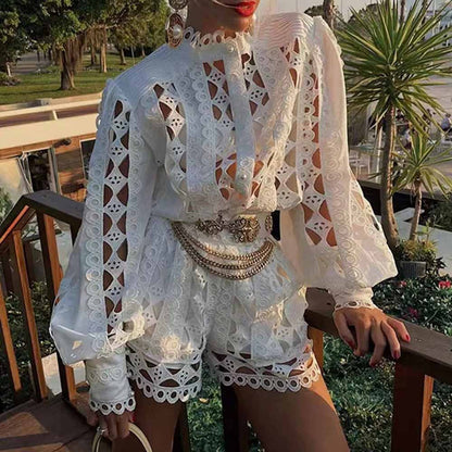 White Lace Summer One Piece Suit Summer Casual Jumpsuit Blouse Shirt Shorts Suit