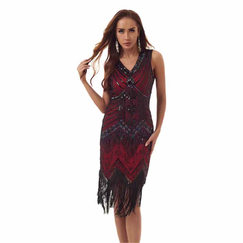 Women's Flapper Dresses 1920s V Neck Beaded Fringed Great Gatsby Dress