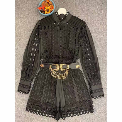 White Lace Summer One Piece Suit Summer Casual Jumpsuit Blouse Shirt Shorts Suit