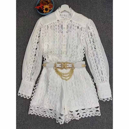 White Lace Summer One Piece Suit Summer Casual Jumpsuit Blouse Shirt Shorts Suit