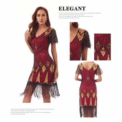 Women's 1920s Dress Sequin Art Deco Flapper Dress with Sleeve