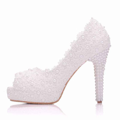Women's Lace Stiletto High Heels Platform Wedding Pumps Peep Toe Bride Shoes