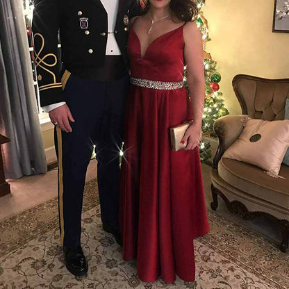Women Prom Dress Long V-Neck Spaghetti Beaded Belt Formal Evening Ball Gowns