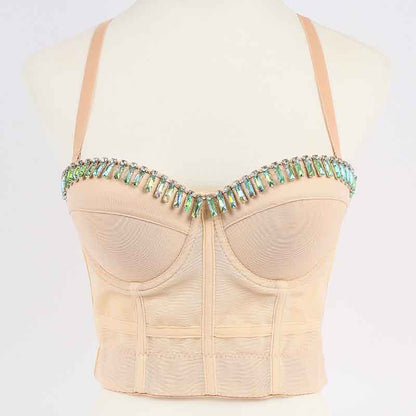 Womens Crop Tops Spaghetti Straps Beaded Push Up Corset Bra Party Top