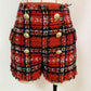 Women Houndstooth Check Shorts Gold-tone Mini Tweed High Waisted Shorts