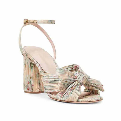 Women Pleated Knot Heeled Sandal with Ankle Strap Summer Bridesmaid Dress Shoes