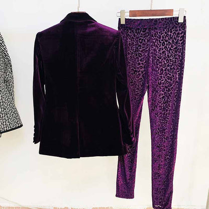 Women Velvet Dark Purple Blazer Pantsuit + Flare Trousers Suit