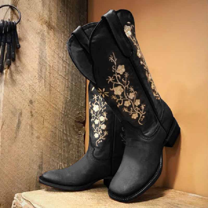 Women's Retro Western Cowboy Boots Embroidered Mid Calf Chunky Boots