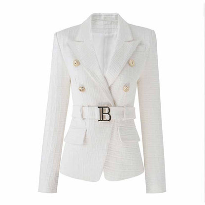 Women's Golden Lion Buttons Fitted Belted Jacket White Color Coat