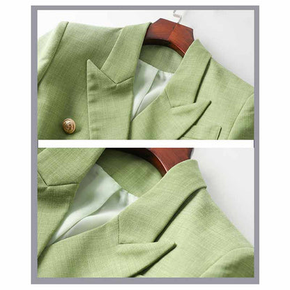 Women's Sage Green Textured Luxury Fitted Double Breasted Blazer with Lion Buttons - SLIM FIT