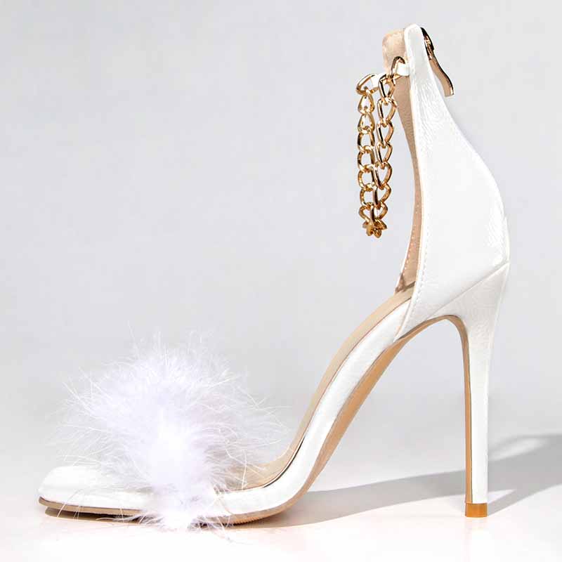 White Fluffy High Heels Sandals Shoes for a Lady to Wear to a Summer Party