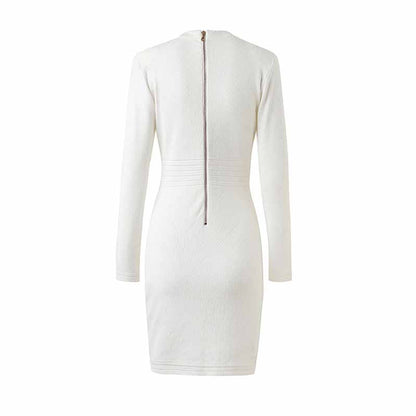 Women White Button-up Knitted Minidress V Neck Long Sleeves ribbed-knit Dress
