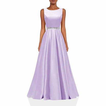 Women Long Prom Dress Satin A-Line with Beaded Belt Formal Evening Gown