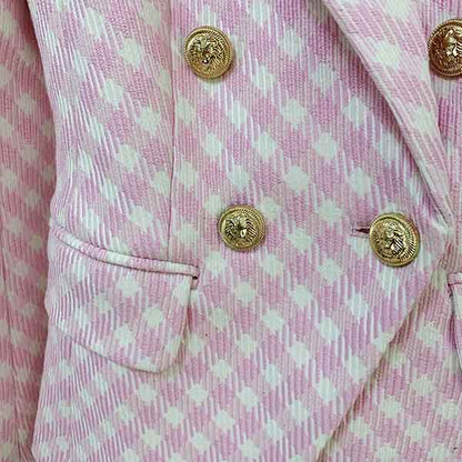 Women's Fitted Golden Lion Buttons Luxury Blue Checked Blazer