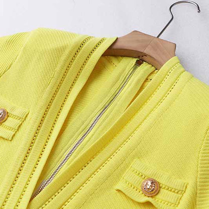 Women Button-up Knitted Minidress Ribbed-knit Short-sleeve Dress