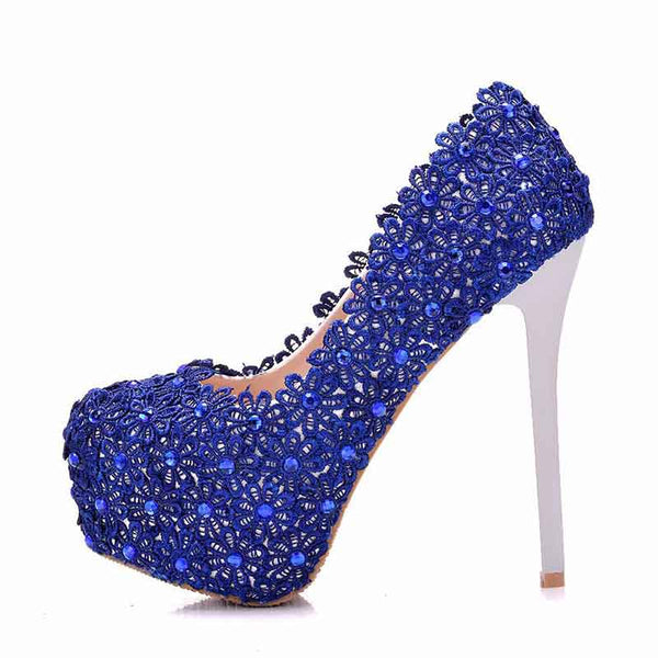 Women Royal Blue Platform Pumps Wedding Shoes for Bridal with Lace SD