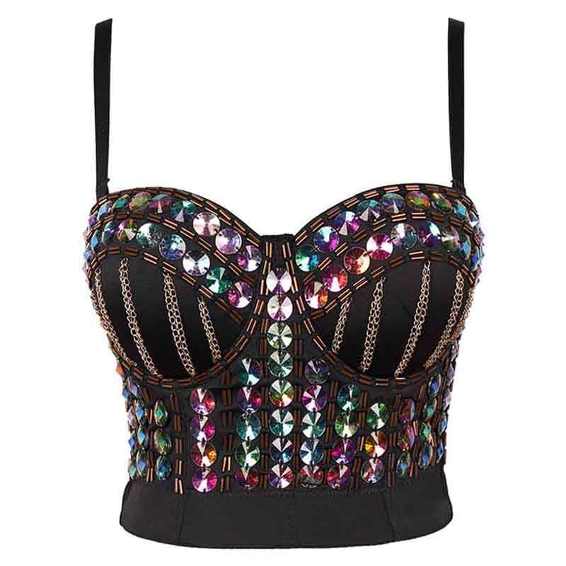 Black Corset Top Push Up Rhinestone Diamond Bra Party Vest