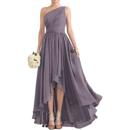 Women's One Shoulder Bridesmaid Dresses High Low Chiffon Evening Formal Gown with Pockets