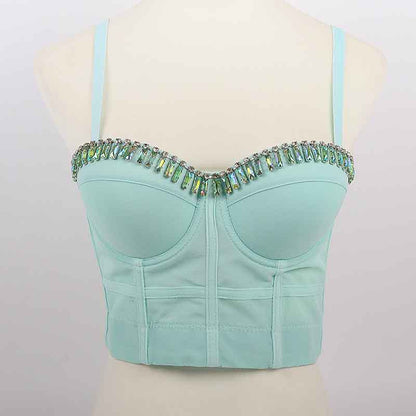 Womens Crop Tops Spaghetti Straps Beaded Push Up Corset Bra Party Top