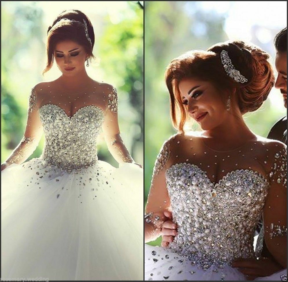 Ball Gown Wedding Dresses Jewel Neck Court Train Satin Tulle Long Sleeve See-Through Bride Dress