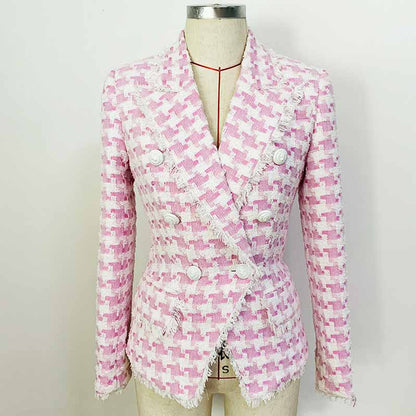 Women's Purple & White Tweed Houndstooth Luxury Fitted Double Breasted Blazer with Lion Buttons