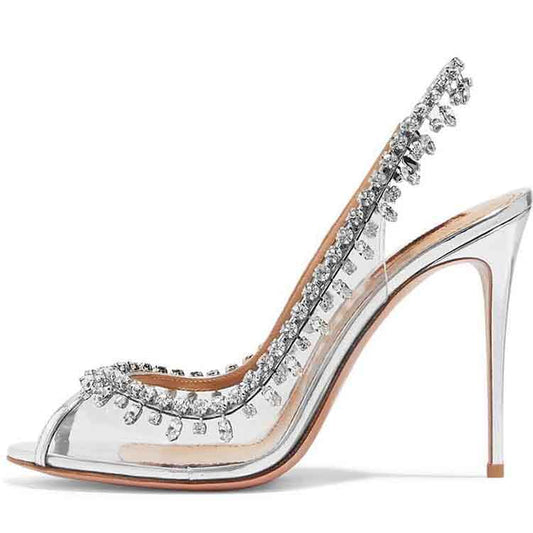 Silver Rhinestone Clear Pumps Stiletto Heels Wedding Shoes