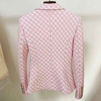 Women's Fitted Golden Lion Buttons Luxury Blue Checked Blazer
