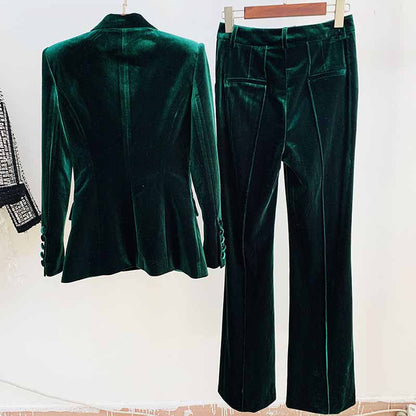 Women Velvet Green Blazer + Flare Trousers Suit