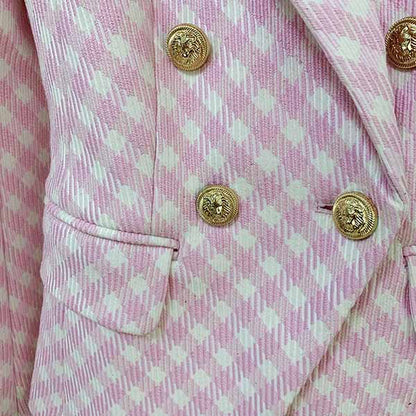 Women's Pink White Tweed Luxury Fitted Double Breasted Blazer with Lion Buttons