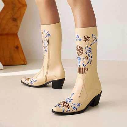 Women's Cowgirl Short Boots Embroidered Boots Chunky Heels Boots