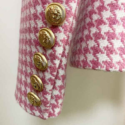 Women's Pink White Tweed Houndstooth Luxury Fitted Double Breasted Blazer Coat