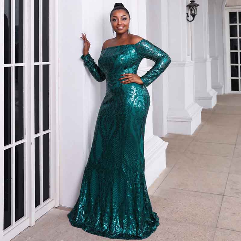 Women Plus Size Green Sequin Prom Dress Evening Maxi Dresses for Weddings