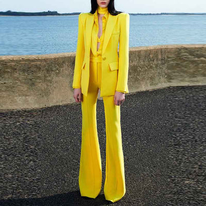 Women's Yellow Pantsuit Blazer+High Waisted Flare Pants Suit Wedding Pantsuit