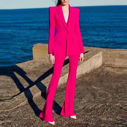 Women Rose Pink Blazer + Flare Trousers Suit Two Piece Pantsuits