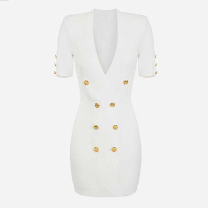 Women Ribbed-knit Short-sleeve Dress V-neck Minidress Cockail Dress