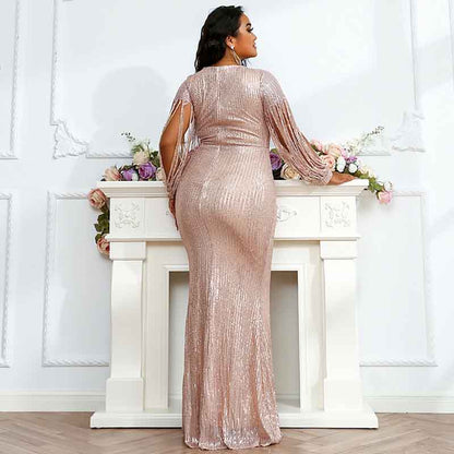 Women Plus Size Shinny Sequin Long Evening Dress Formal Prom Gown