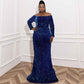 Women Plus Size Sequin Navy Blue Maxi Dress with Sleeves Evening Gowns