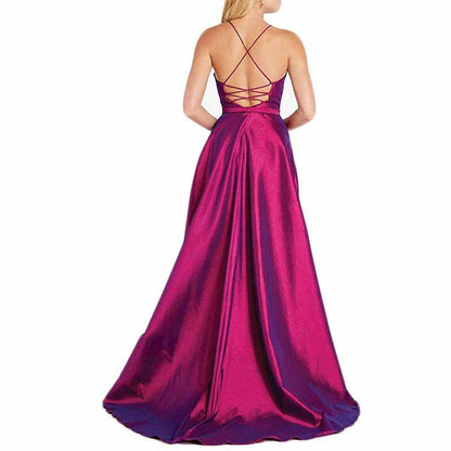 Women's Sexy Satin Deep V Neck Backless Hi Lo Prom Party Evening Dress
