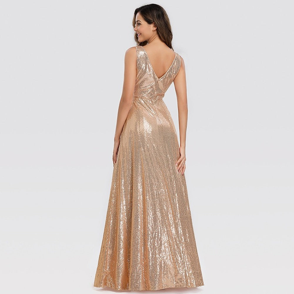 sd-hk Gold Sequin Evening Party Gowns V Neck Sleeve Prom Dress Plus Size